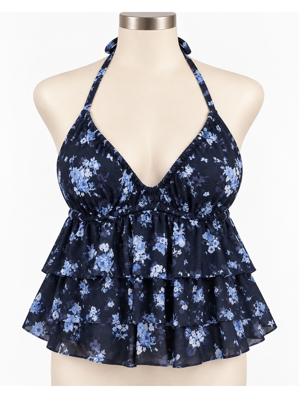 Wild Fable Navy Blue Floral Tiered Halter Tank Top